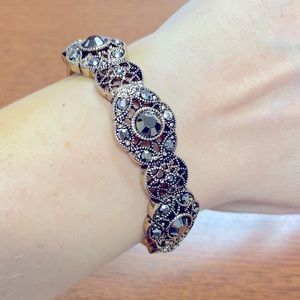 Fashion Jewelry Gold Tone Bangle Stretch Bracelet w/ Dark Gray Crystal Accents